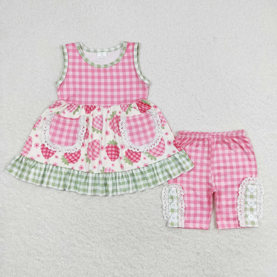 11.10 RTS Sibling Baby Girls Checkered Floral Tunic Top Ruffle Middle Length Shorts Clothes Sets