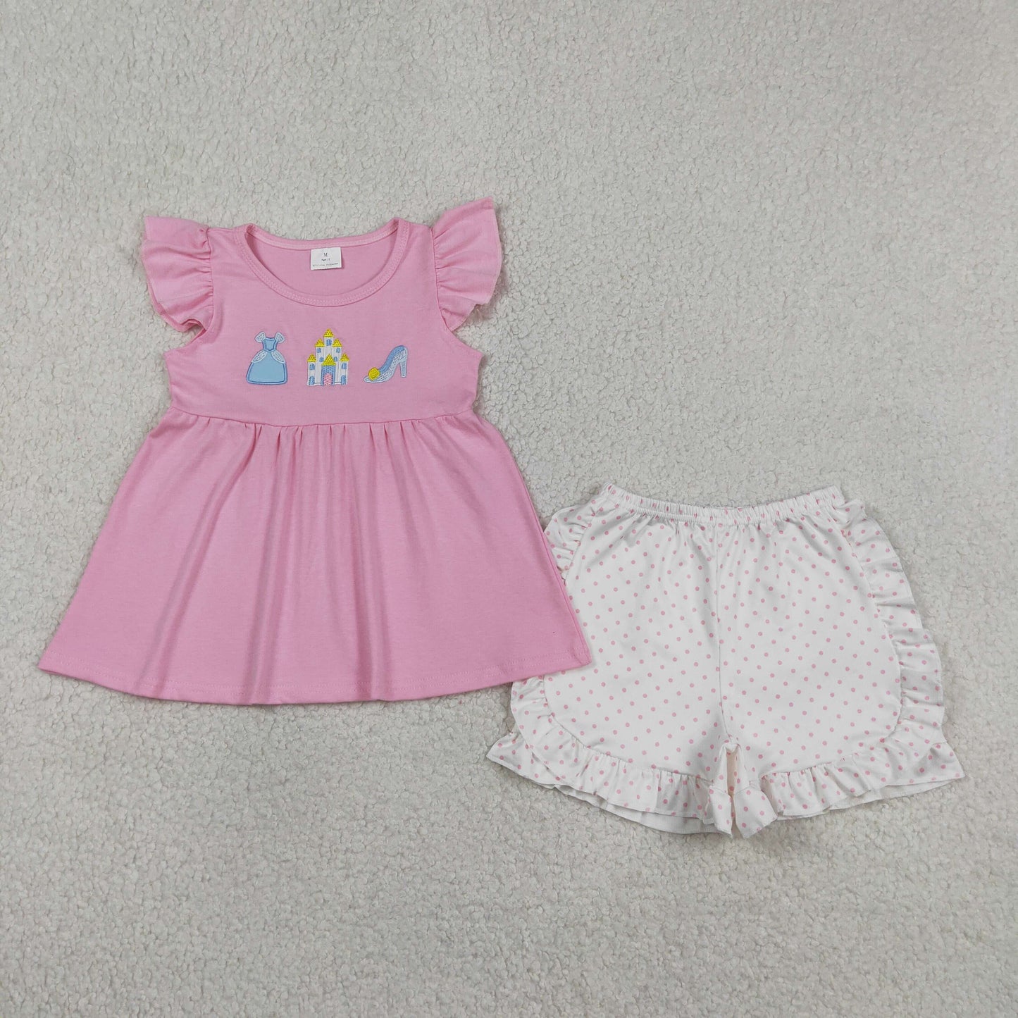 GSSO1186 RTS NO MOQ （In stock ）Embroidery Princess Baby Girls Flutter Sleeve Tunic Ruffle Shorts Clothes Sets