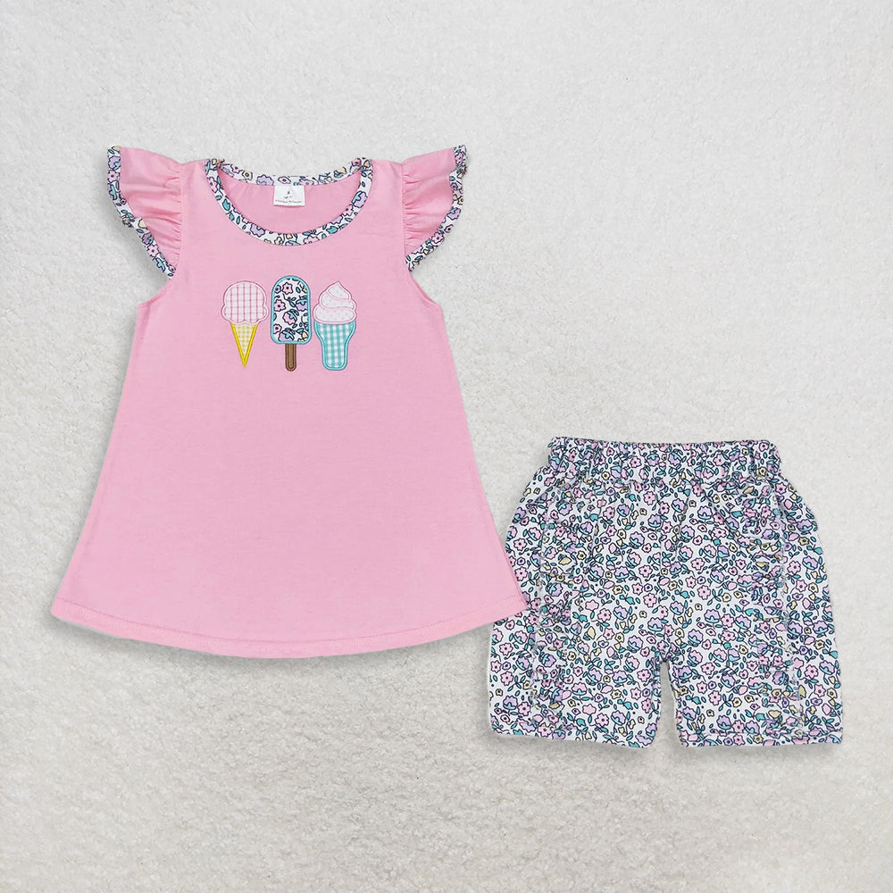 RTS NO MOQ （In stock ）Pink ice cream top ruffle shorts girls summer clothes