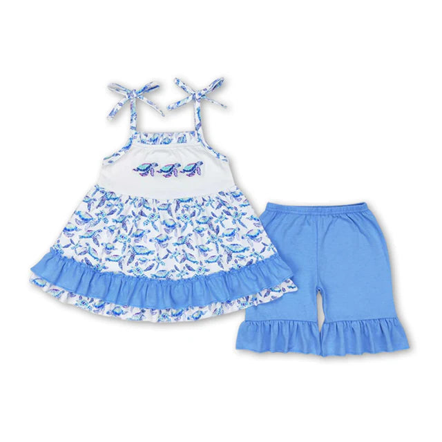 USA Warehouse (IN STOCK) Baby Girls Summer Embroidered and Printed Short-Sleeve Top and Shorts Set
