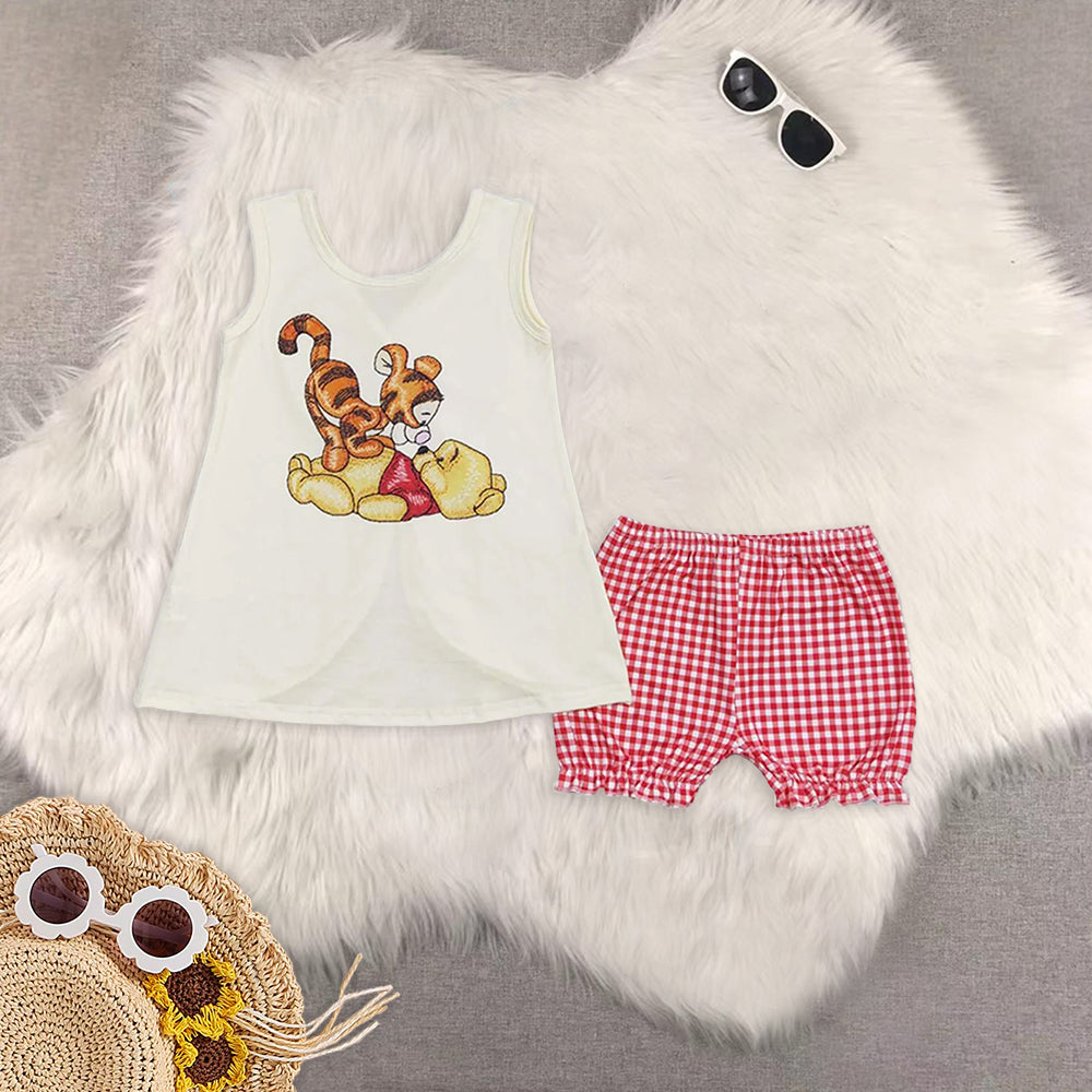 8.13  RTS Sibling Short sleeves bear top plaid shorts boys and girls clothes rompers