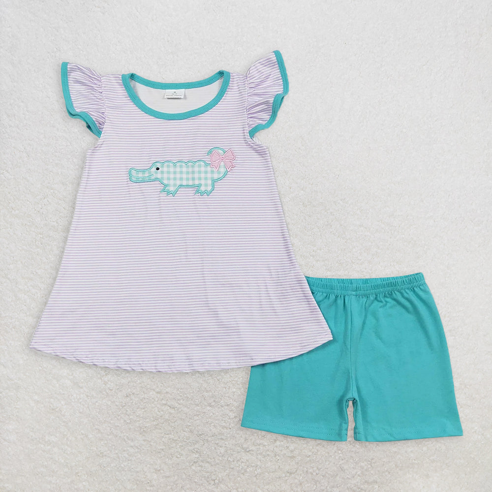 8.14 RTS Sibling Flutter sleeves stripe crocodile top shorts girls clothes