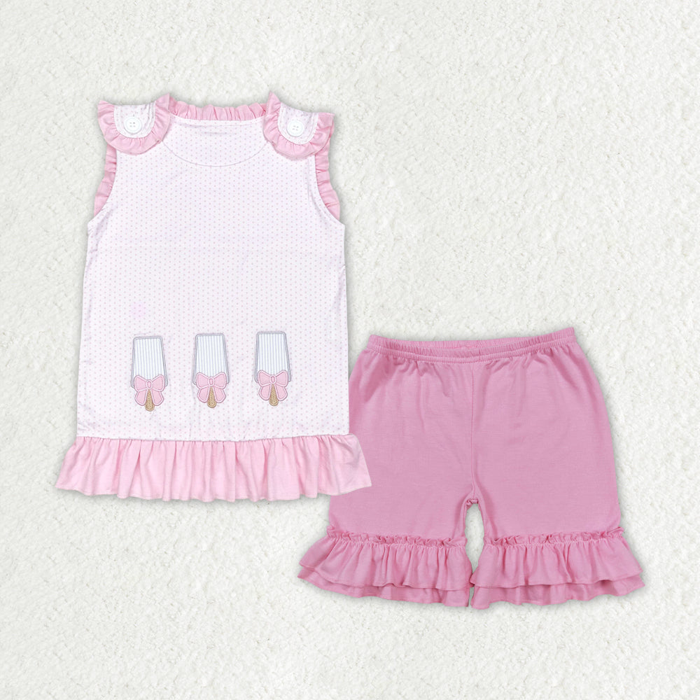No moq GSSO1455 Pre-order Size 3-6m to 14-16t baby girl clothes  sleeve top with shorts kids summer set