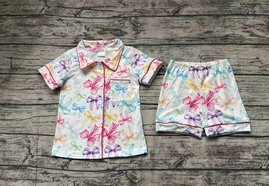 GSSO1478 Baby Girls Colorful Bows Buttons Shirt Shorts Pajamas Clothes Sets Preorder