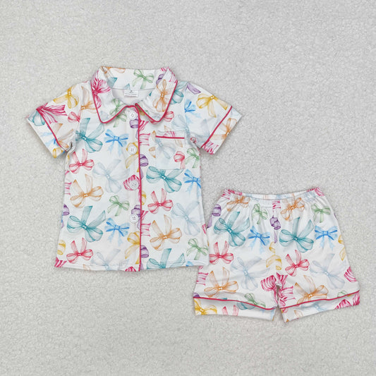 GSSO1478Short sleeves multi color bow kids girls button down pajamas