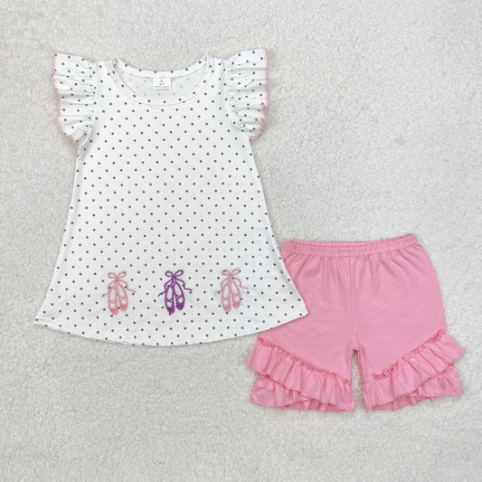 GSSO1504  Polka dots flutter sleeves shoes top ruffle shorts girls clothes