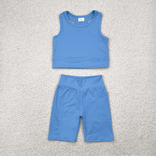 7.14 GSSO1515 RTS NO MOQ Baby Girls Yoga Outfits Baby Girls Blue Athletic Active Wear Top Shorts Clothes Sets