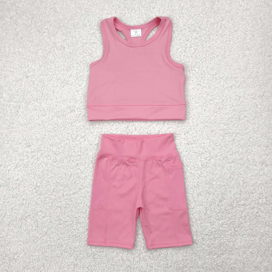 5.15  GSSO1516 RTS NO MOQ Baby Girls Yoga Outfits  Light pink straps top shorts girls summer yoga clothes