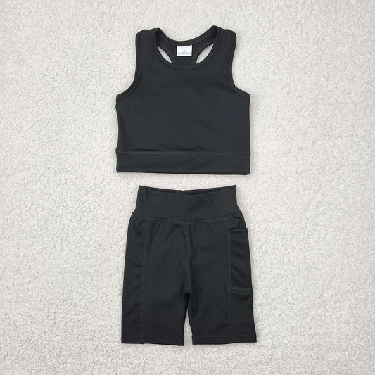 6.04   GSSO1517 RTS NO MOQ Baby Girls Yoga Outfits Black straps top shorts girls summer yoga clothes