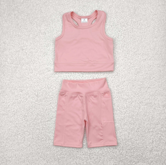 7.03 GSSO1518 RTS NO MOQ Baby Girls Yoga Outfits Baby Girls Pink Vest Top Sports Shorts Clothes Sets
