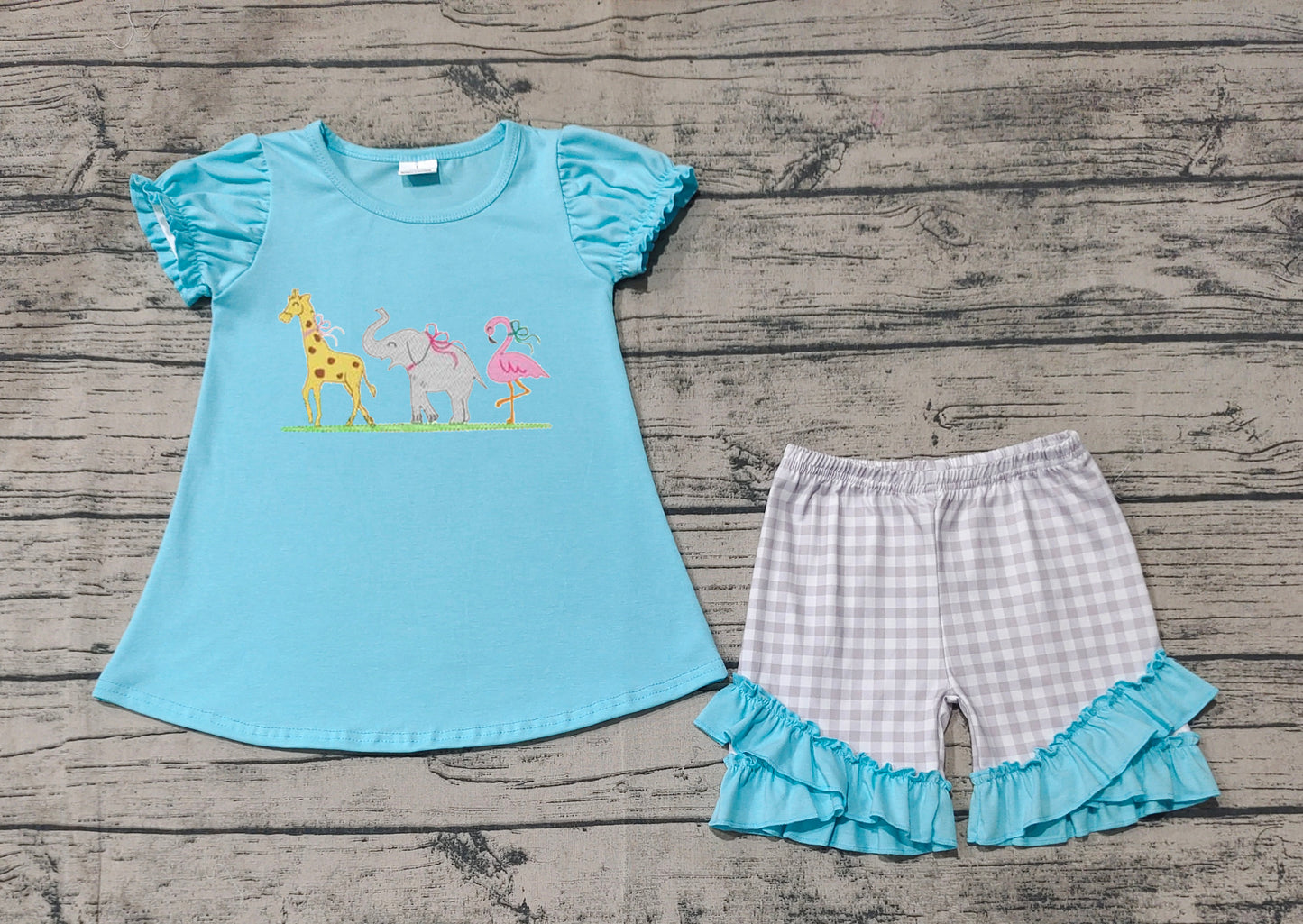 GSSO1520 Baby Girls Giraffe Elephant Flamingo Tunic Shorts Clothes Sets Preorder