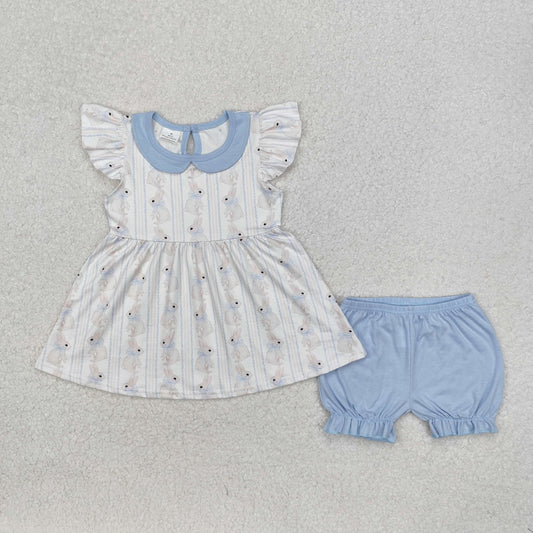 GSSO1525Light blue bow bunny tunic shorts girls Easter clothes