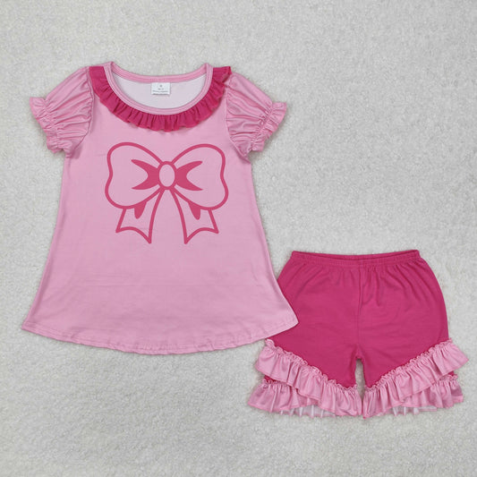 GSSO1531Baby Girls Pink Bow Tunic Ruffle Shorts Clothes Sets