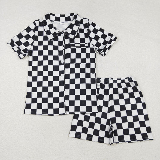 GSSO1536Black plaid adult women summer button down pajamas