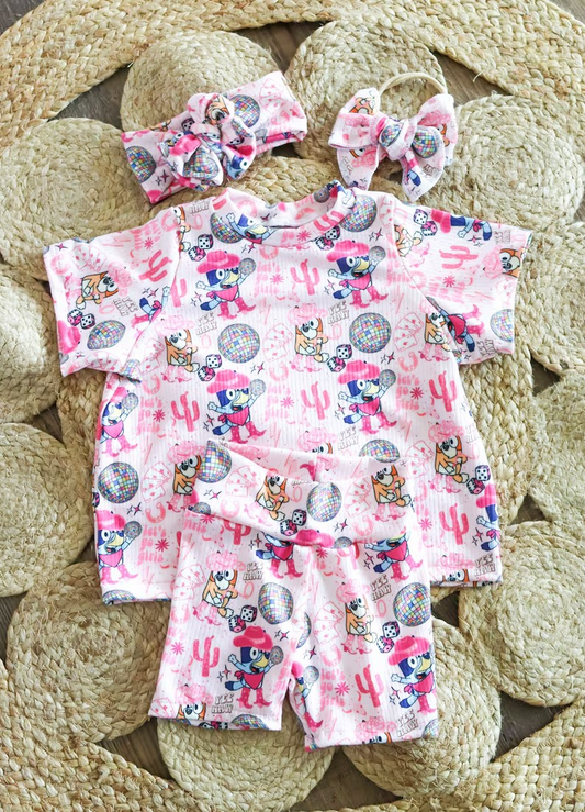 Baby Girls Pink Dog Western Cactus Shirts Shorts Clothing Sets Preorder GSSO1543
