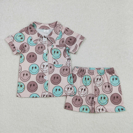 GSSO1545Adorable Kids' Girls' Button Down Pajamas with Leopard & Cow Print and Cheerful Smile Design