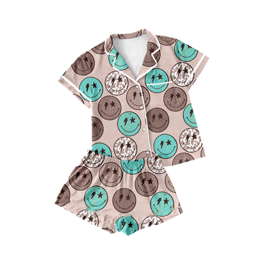 Adult Women Blue Smile Buttons Tops Shorts Pajamas Preorder GSSPO1546