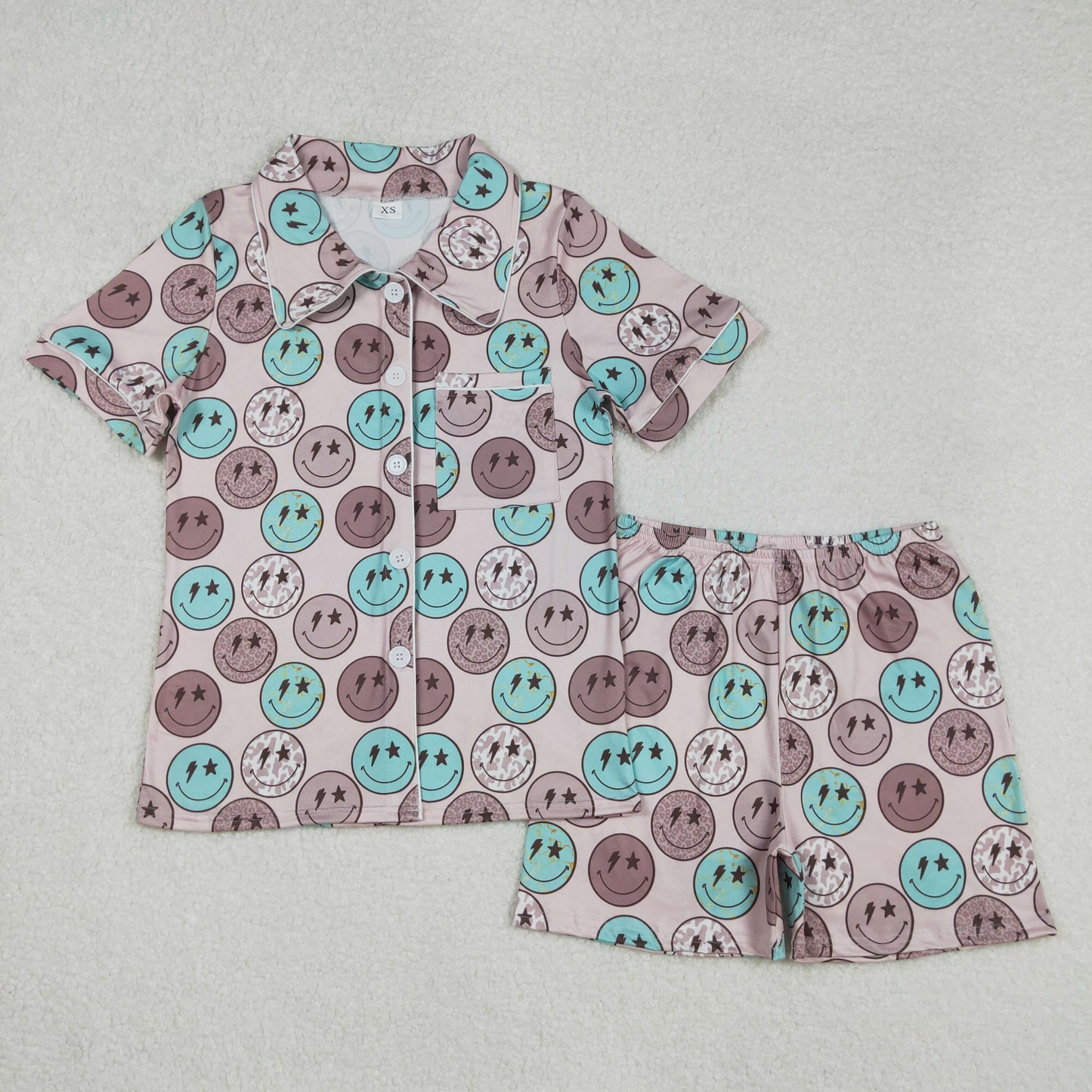 GSSO1546Adult Women's Button down Pajamas Leopard Cow Print Smiley Design Comfortable Sleepwear