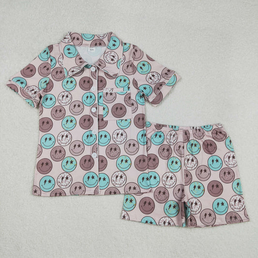 GSSO1546Adult Women's Button down Pajamas Leopard Cow Print Smiley Design Comfortable Sleepwear
