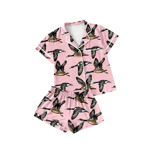 Baby Girls Pink Ducks Hunting Buttons Top Shorts Pajamas Clothing Sets Preorder GSSO1549