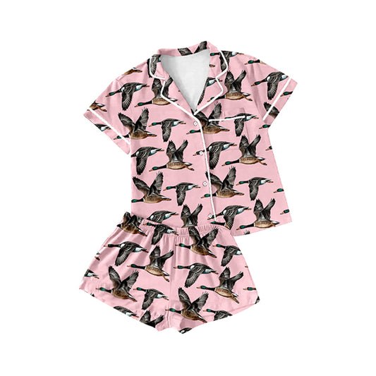 Adult Women Pink Ducks Hunting Buttons Tops Shorts Pajamas Preorder  GSSO1551