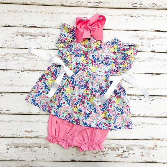 Baby Girls Spring Blue Flowers Tunic Top Elastic Shorts Clothing Sets Preorder GSSO1553