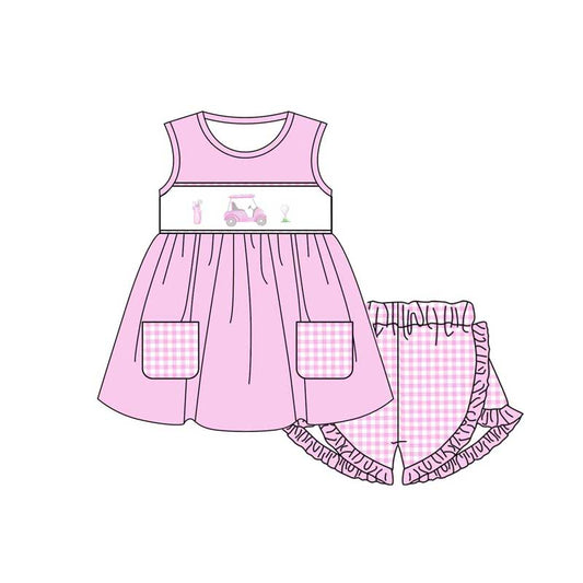 GSSO1554  Baby Girls Pink Golf Carts Tunic Ruffle Shorts Clothing Sets Preorder