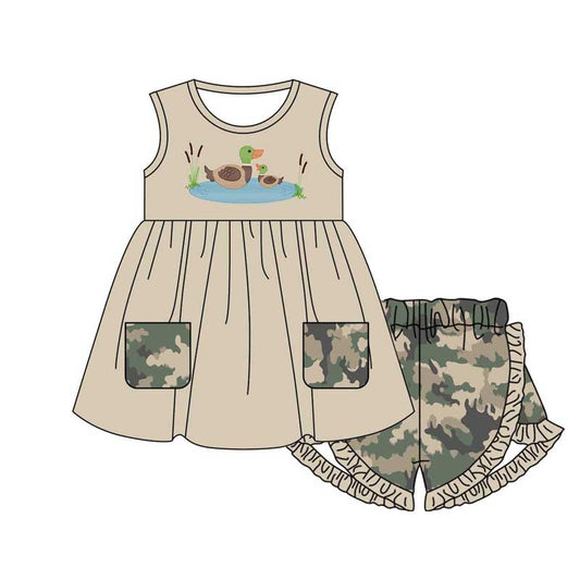 GSSO1555 Baby Girls Cute Ducks Pockets Tunic Ruffle Camo Shorts Clothing Sets Preorder