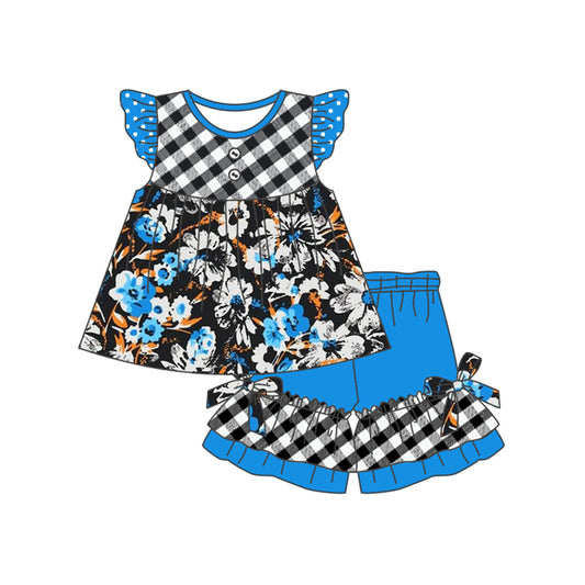 GSSO1558 Baby Girls Black Checkered Flowers Tunic Top Ruffle Shorts Clothes Sets Preorder