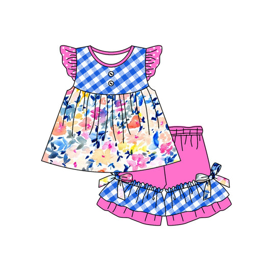 GSSO1559 baby girl clothes floral blue and purple flying sleeve shorts