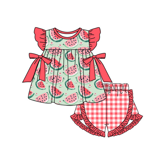 GSSO1561 Baby Girls Summer Watermelon Bows Top Ruffle Shorts Clothes Sets Preorder