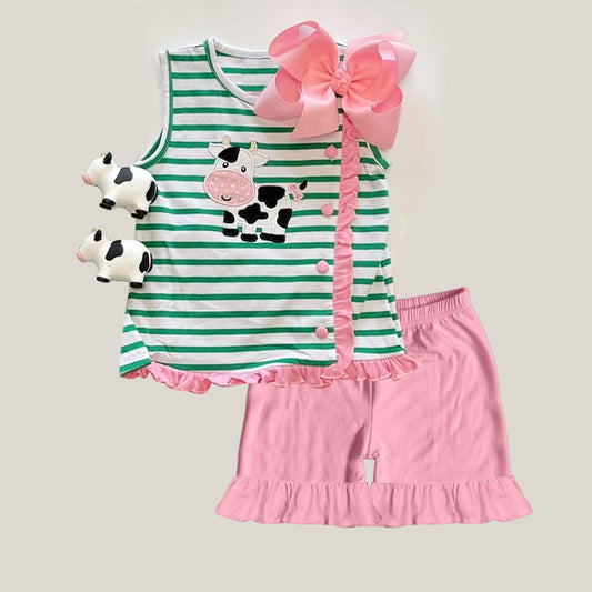 GSSO1562 Baby Girls Green Stripes Cow Top Ruffle Shorts Clothes Sets Preorder
