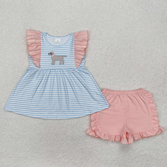 GSSO1563Flutter sleeves stripe dog tunic ruffle shorts girls clothes