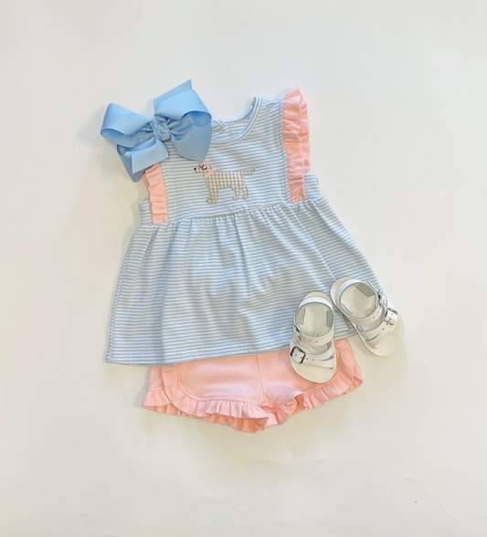 GSSO1563 Baby Girls Blue Stripes Dog Tunic Ruffle Shorts Clothes Sets Preorder
