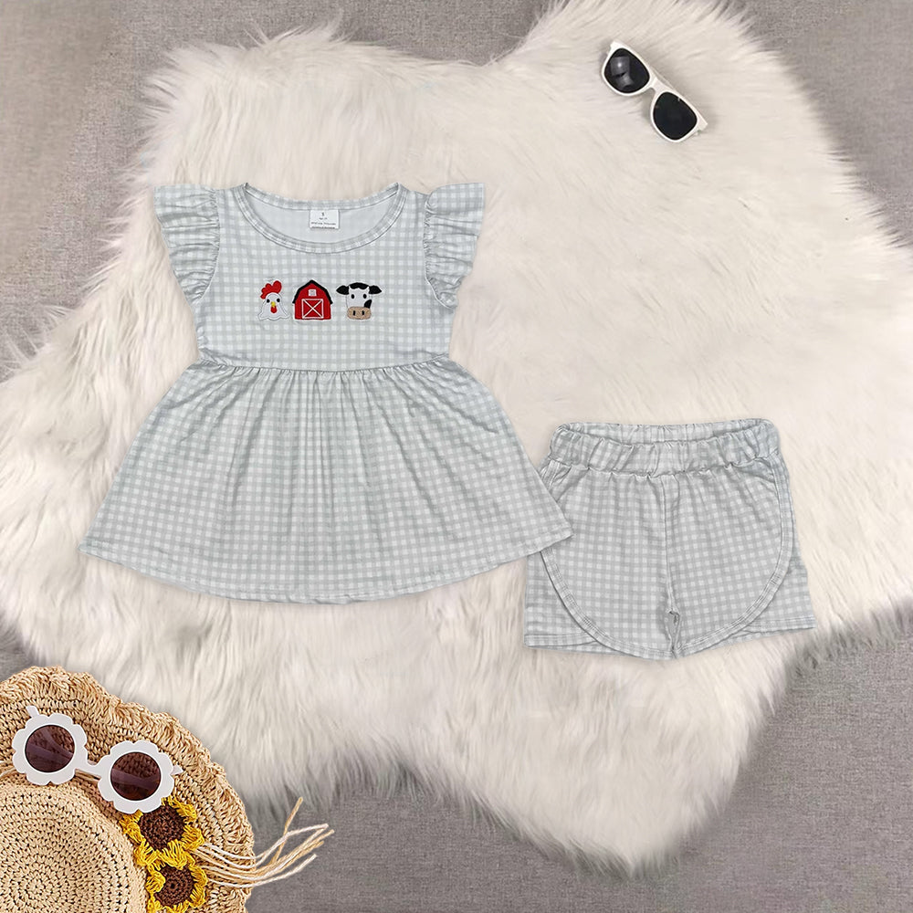 8.12  RTS Sibling Short sleeves chicken cow top plaid shorts farm boy clothes rompers
