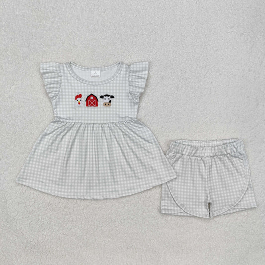 GSSO1564  Flutter sleeves plaid chicken cow farm girls clothes
