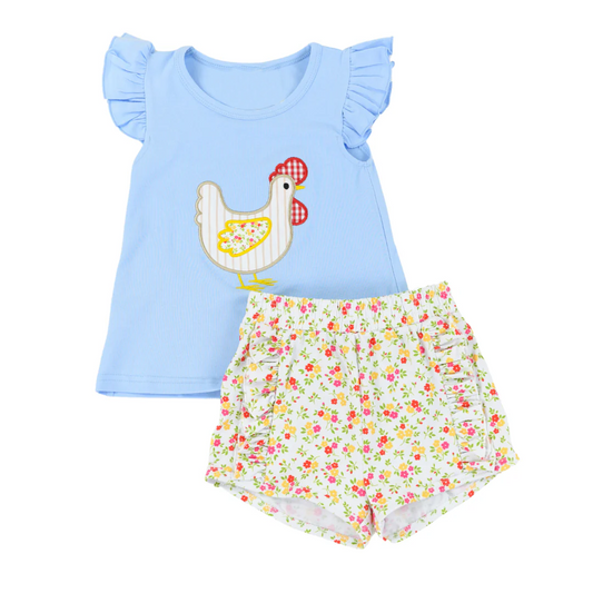 GSSO1565 Baby Girls Chicken Tunic Ruffle Floral Shorts Clothes Sets Preorder