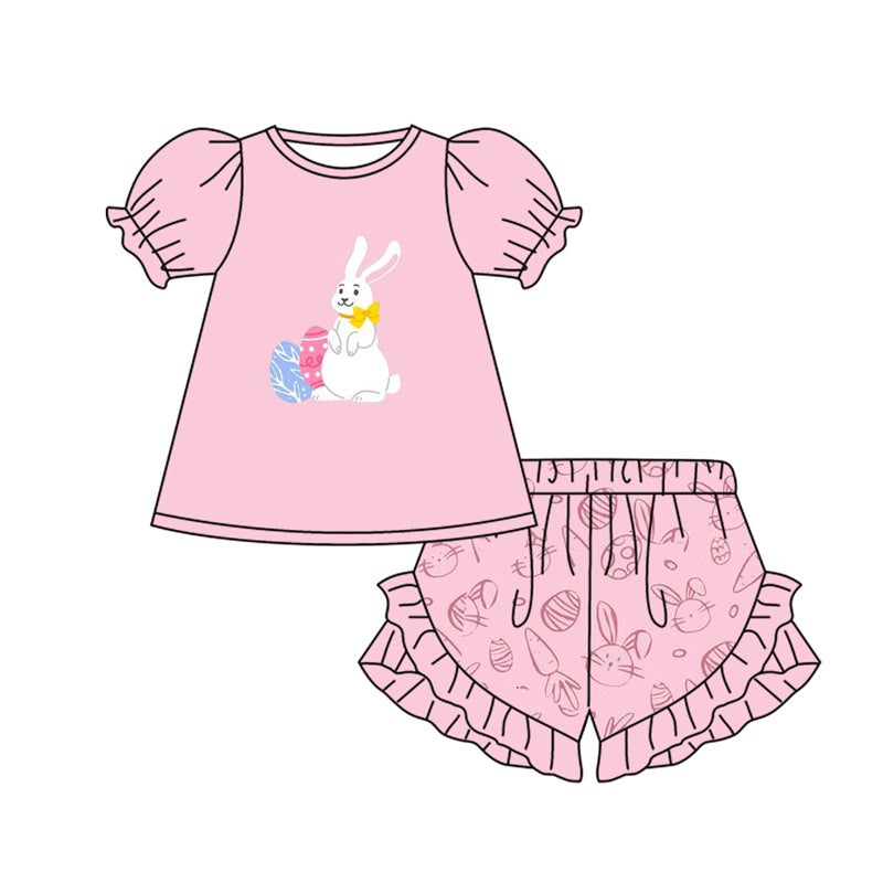 GSSO1566 Baby Girls Easter Pink Rabbit Eggs Tunic Ruffle Shorts Clothes Sets Preorder