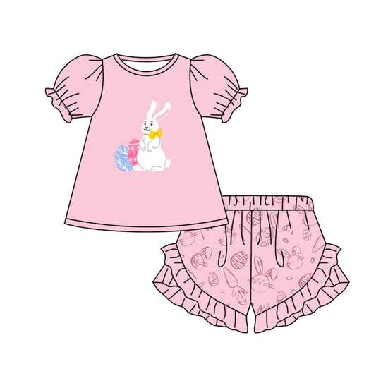 GSSO1566 Baby Girls Easter Pink Rabbit Eggs Tunic Ruffle Shorts Clothes Sets Preorder