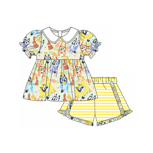 GSSO1568 Baby Girls Cartoon Dogs Flowers Tunic Ruffle Shorts Clothes Sets Preorder