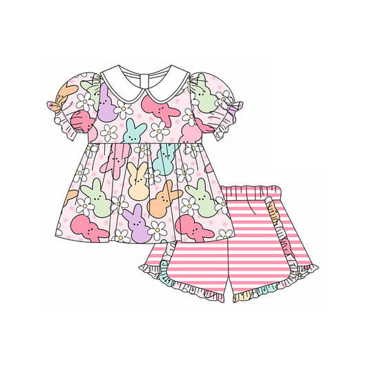 GSSO1569  Baby Girls Pink Easter Rabbits Flowers Tunic Ruffle Shorts Clothes Sets Preorder