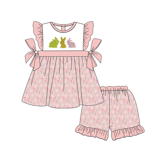 GSSO1571 Baby Girls Easter Pink Eggs Rabbits Bows Tunic Ruffle Shorts Clothes Sets Preorder