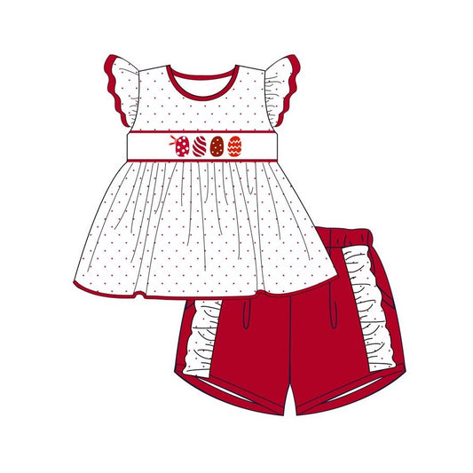GSSO1572 Baby Girls Easter Red Eggs Tunic Ruffle Shorts Clothes Sets Preorder
