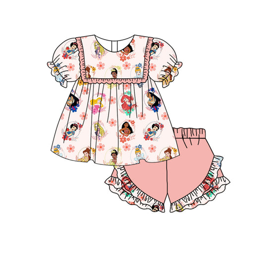 GSSO1573 Baby Girls Pink Princess Flowers Tunic Ruffle Shorts Clothes Sets Preorder