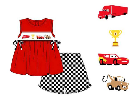 GSSO1574 Baby Girls Racing Cars Bows Tunic Ruffle Shorts Clothes Sets Preorder