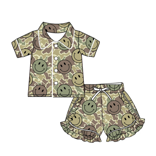 GSSO1576 Baby Girls Green Camo Smile Buttons Top Ruffle Shorts Pajamas Clothes Sets Preorder