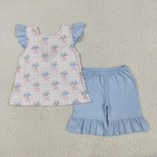 5.17  GSSO1577RTS NO MOQ Baby Girls Summer Outfits Baby Girls Floral Flutter Sleeves Top Blue Short Set