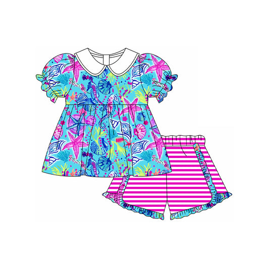 GSSO1580 Baby girl clothes pattern purple short sleeve shorts set