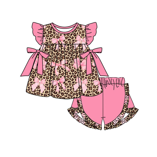 GSSO1586 Baby Girls Leopard Pink Bows Top Ruffle Shorts Clothes Sets Preorder