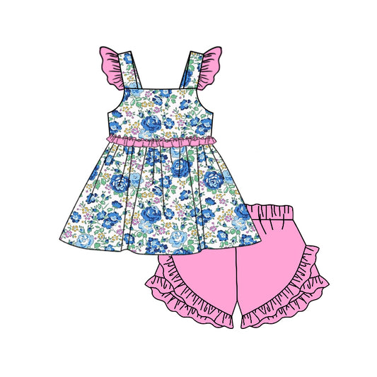 GSSO1591 Baby Girls Blue Flowers Tunic Ruffle Shorts Clothes Sets